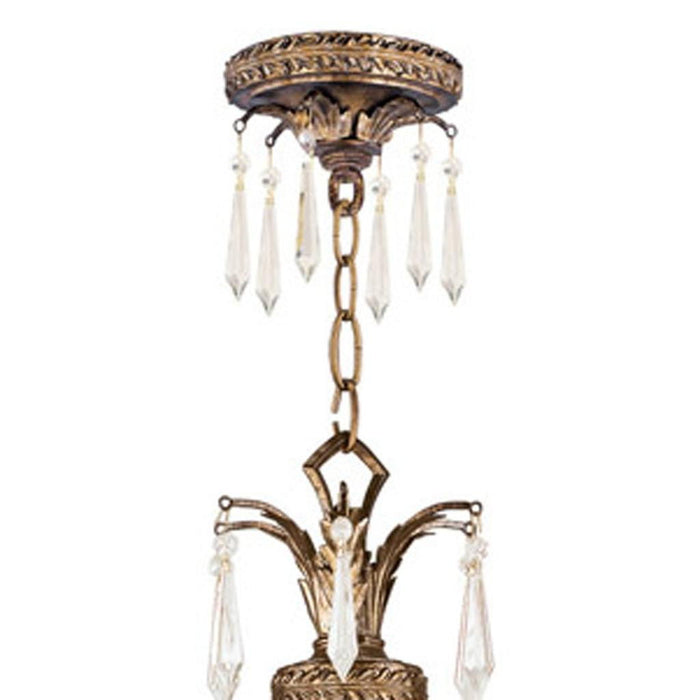 Gold four-light metal chandelier with clear glass shades, dimmable design from HomeRoots, 48-inch size, elegant lighting fixture.