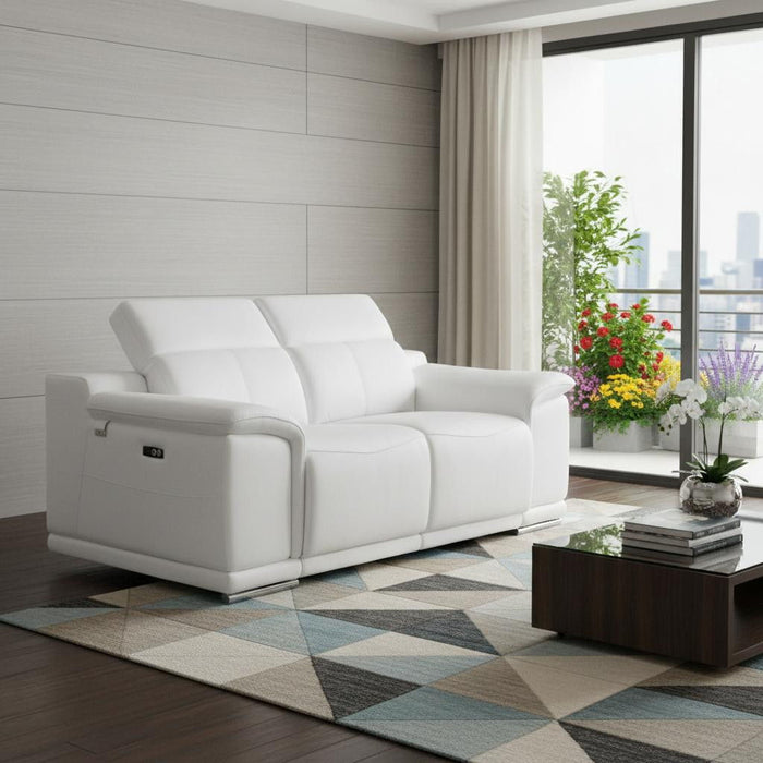 Italian Leather, Power Reclining Loveseat - White / Silver