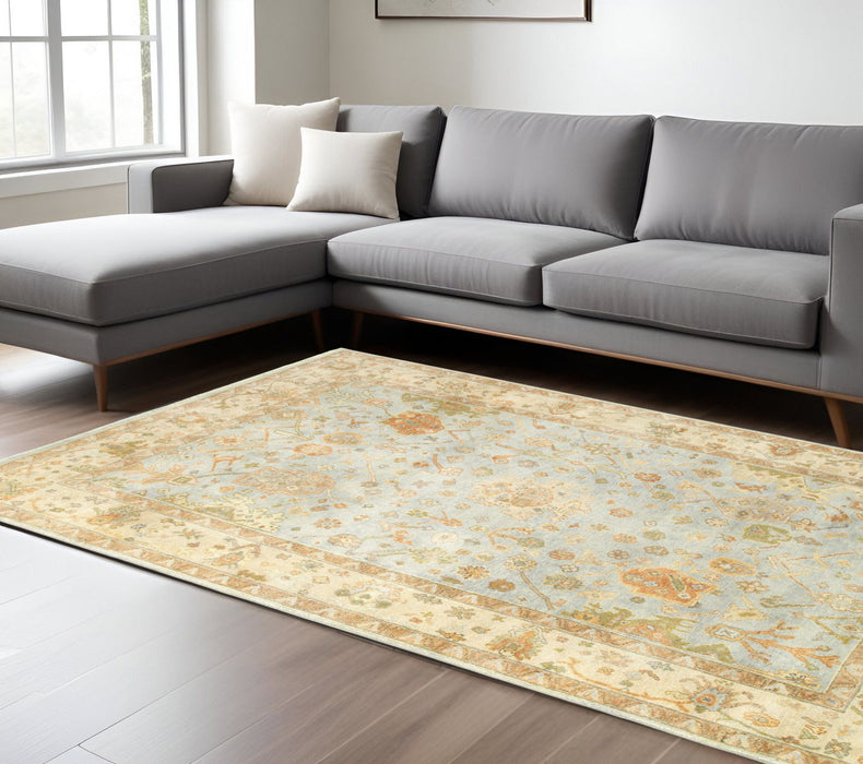 6' X 9' Wool Oriental Hand Knotted Area Rug - Blue And Sand