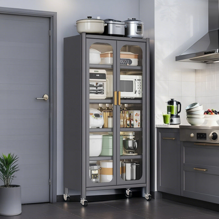 Giga 6-tier storage cabinet with transparent door, adjustable shelves, and wheels for easy mobility and organization.