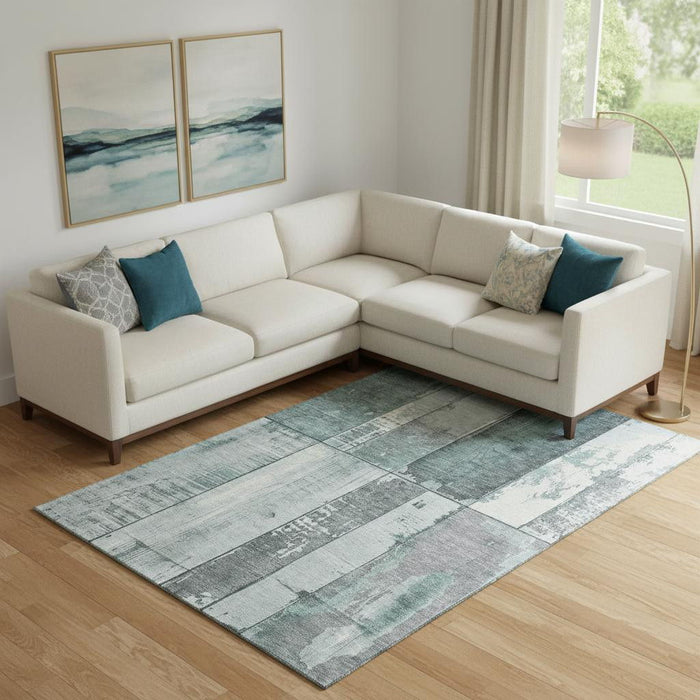 10' X 14' Geometric Washable Area Rug With UV Protection (706565) - Pale Aqua / Gray