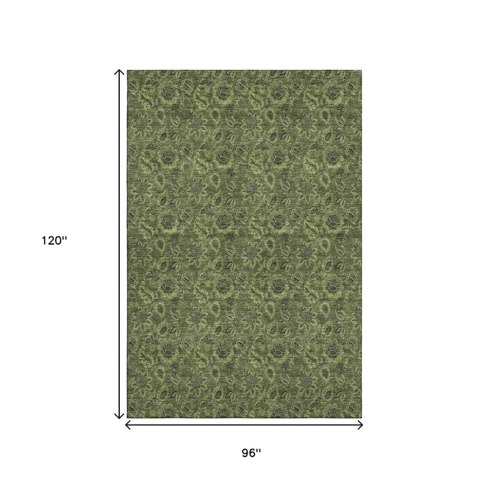 8' X 10' Floral Washable Area Rug With UV Protection (655076) - Olive Green / Charcoal