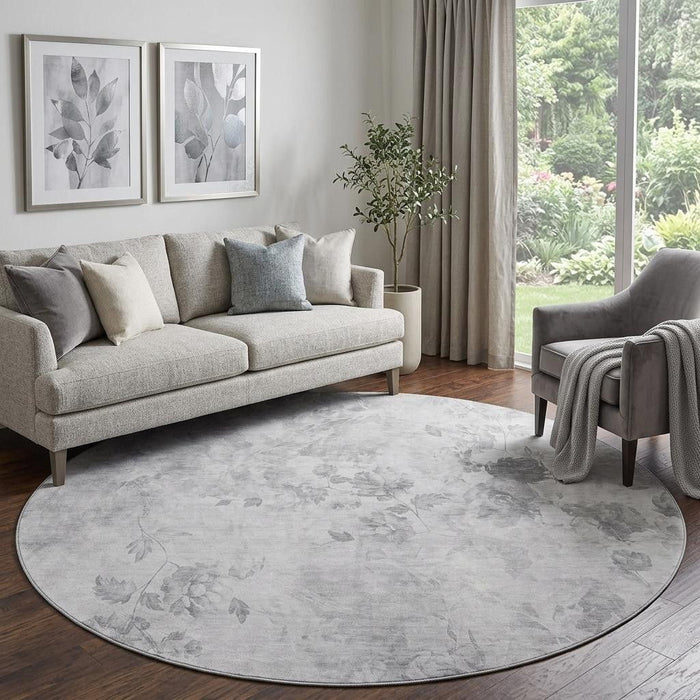8' Floral Washable Round Rug With UV Protection (657710) - Gray / Silver