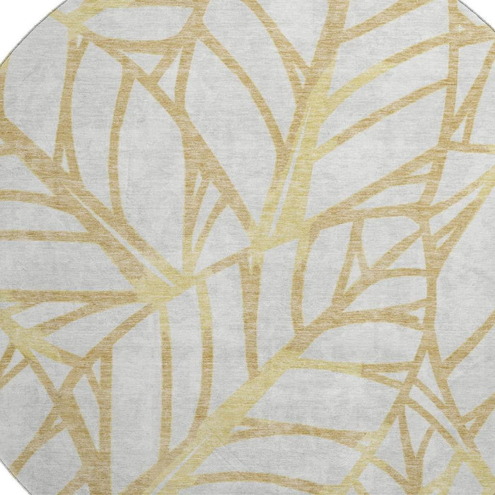 8' Floral Washable Round Rug With UV Protection - Gold / Beige