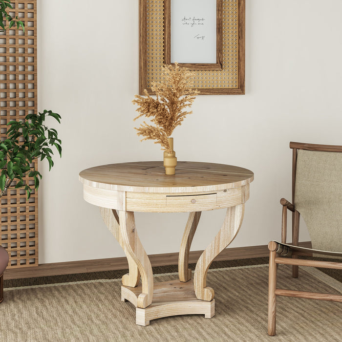 Giga farmhouse style small round side table with curved legs, natural wood grain, distressed finish for dining or living room use