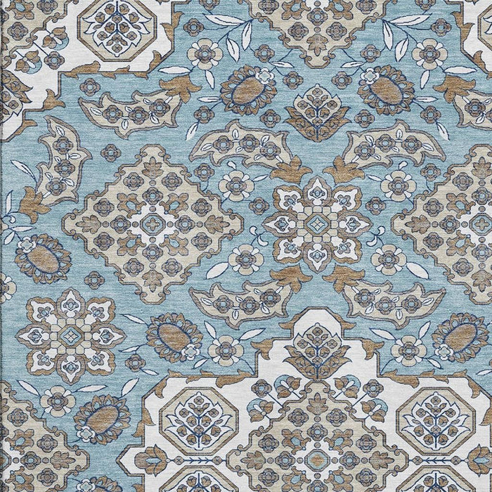 10' X 14' Floral Medallion Washable Area Rug With UV Protection (705869) - Sky Blue / Ivory