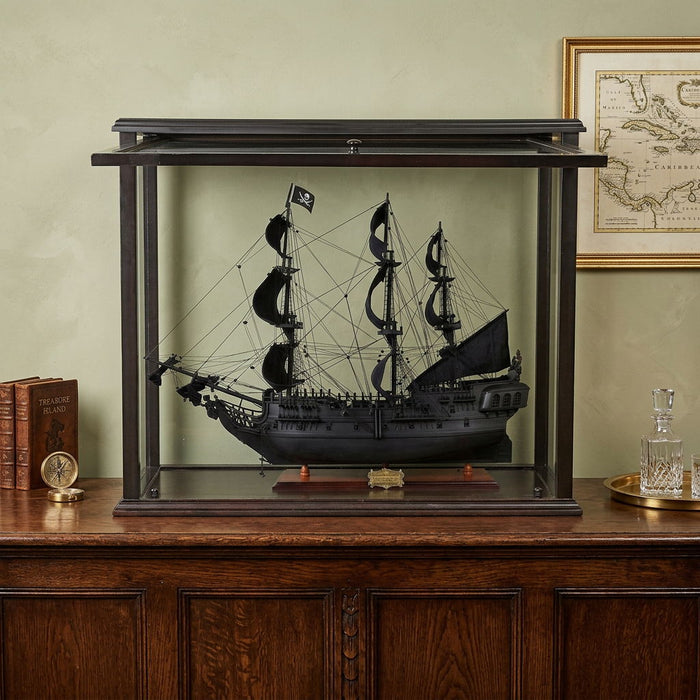 Hand Painted Pirate Medium Open Display Case Model Boat - Black / Pearl