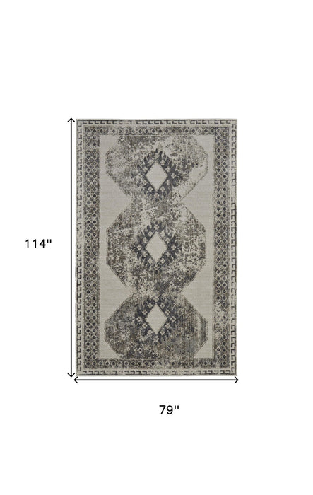 7' X 10' Abstract Power Loom Worn Faded Area Rug - Gray And Ivory