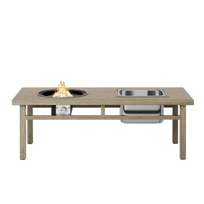 Giga 3-in-1 outdoor propane fire pit table in beige with ice bucket, 50,000 BTU, showing the fire pit and tabletop features.