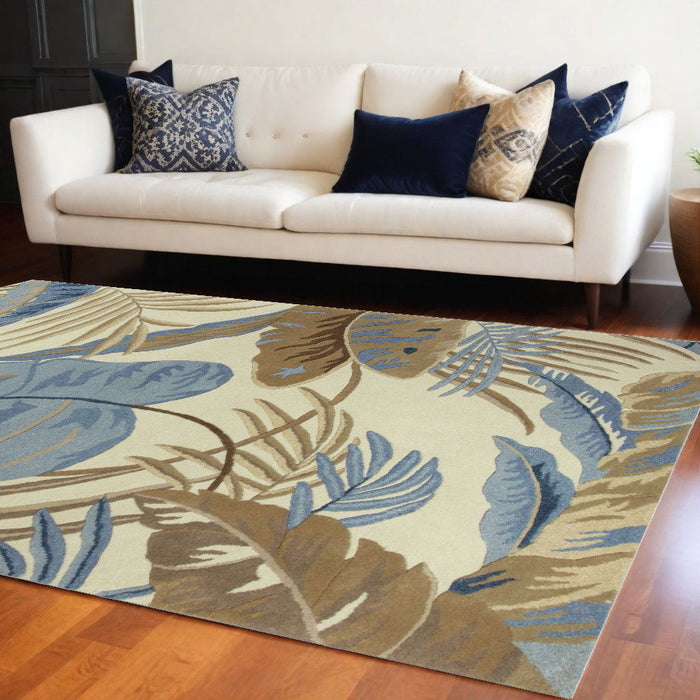 8' x 11' Wool Tropical Botanical Hand Tufted Area Rug - Ivory And Blue