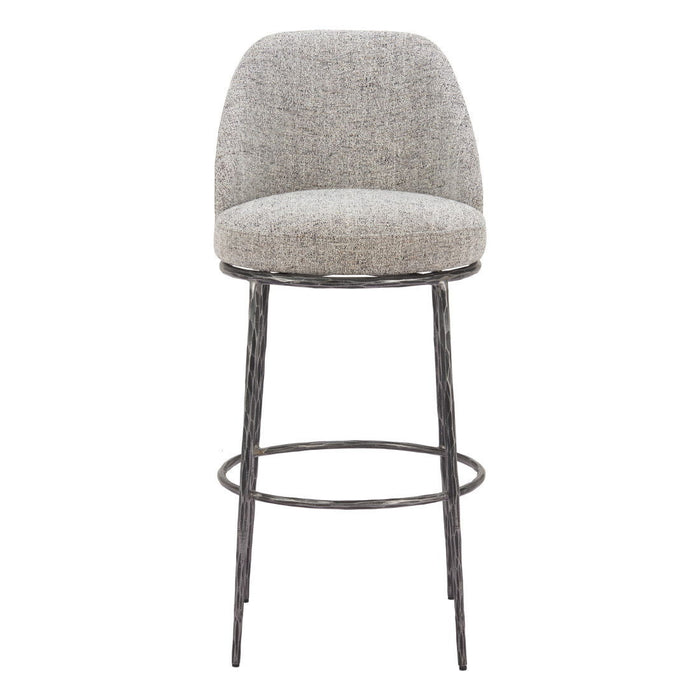 Gray and black fabric and steel bar height swivel chair with a 28-30 inch seat height, featuring a modern design.