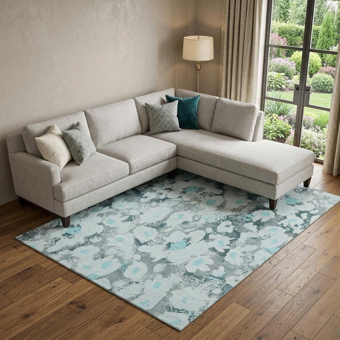 9' X 12' Floral Washable Area Rug With UV Protection (648177) - Teal / Gray / Ivory