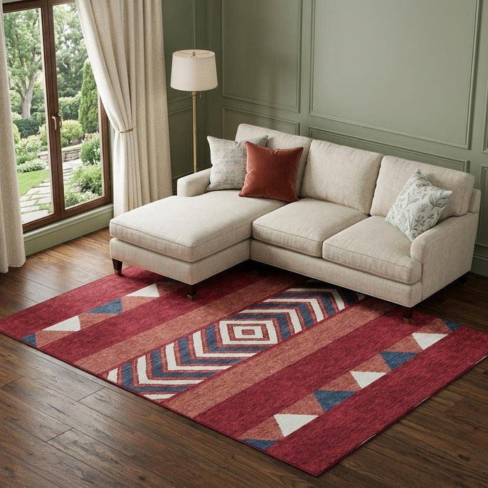 10' X 14' Southwestern Washable Area Rug With UV Protection (676440) - Red / White / Navy Blue