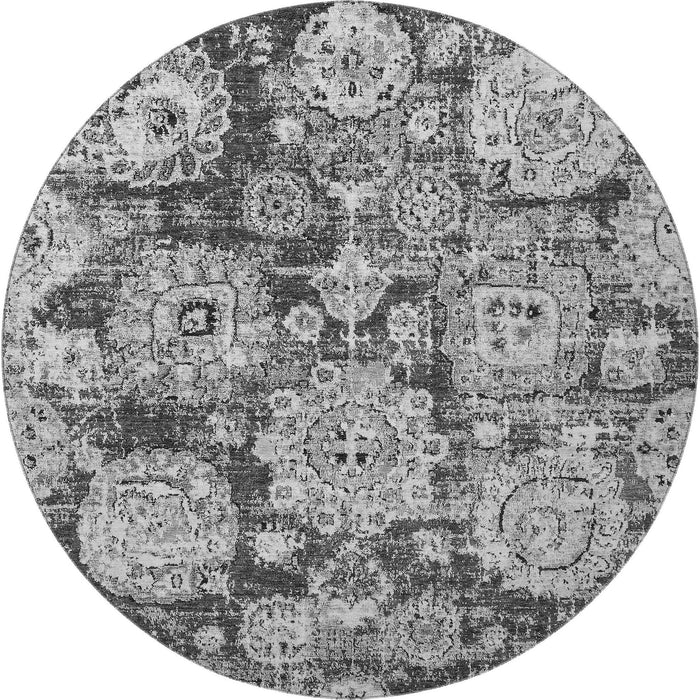 8' Floral Washable Round Rug With UV Protection (653203) - Gray / Ivory