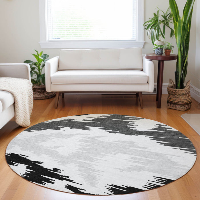 8' Transitional Abstract Washable Round Rug With UV Protection - Black