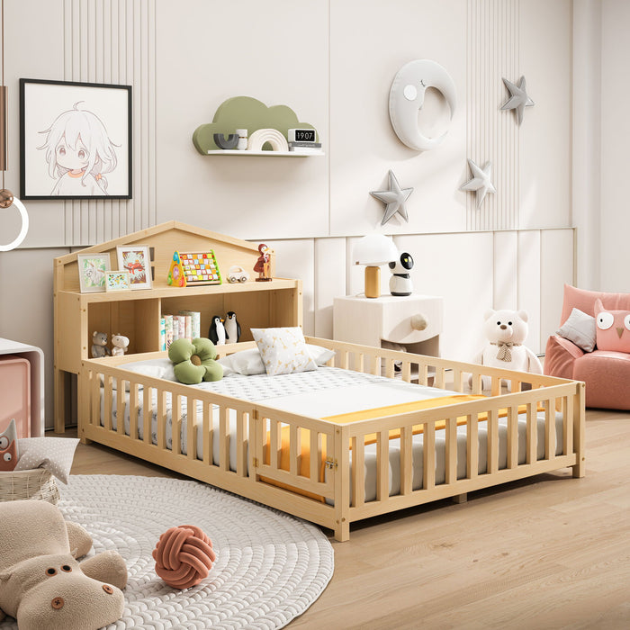Giga full size Montessori floor bed with natural solid wood, storage headboards, guard rails, bookcases, and built-in storage drawers.