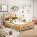 Giga full size Montessori floor bed with natural solid wood, storage headboards, guard rails, bookcases, and built-in storage drawers.