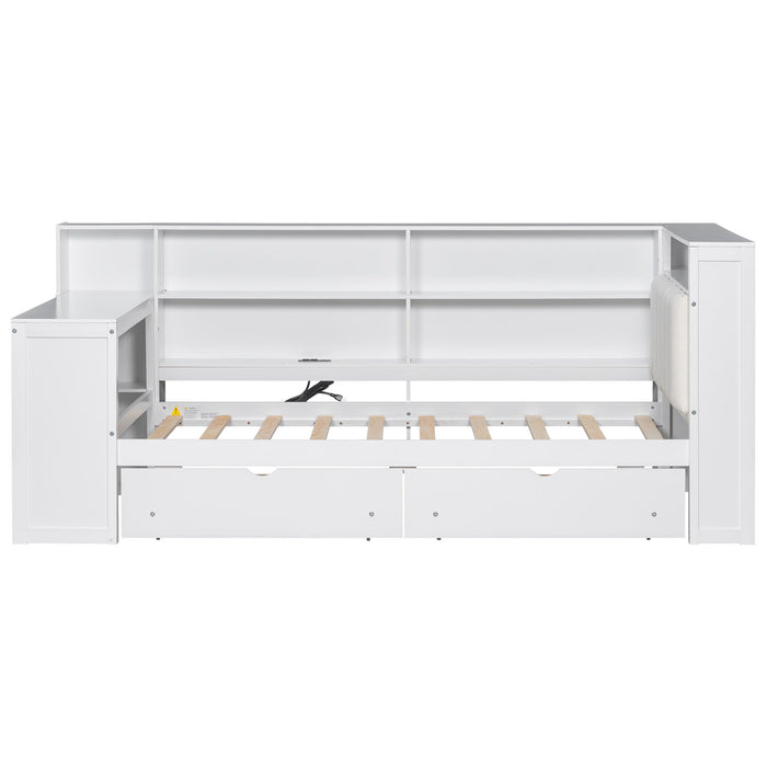 Giga platform storage bed with upholstered headboard, built-in desk, shelves, drawers, charging station, and LED lighting in a modern bedroom