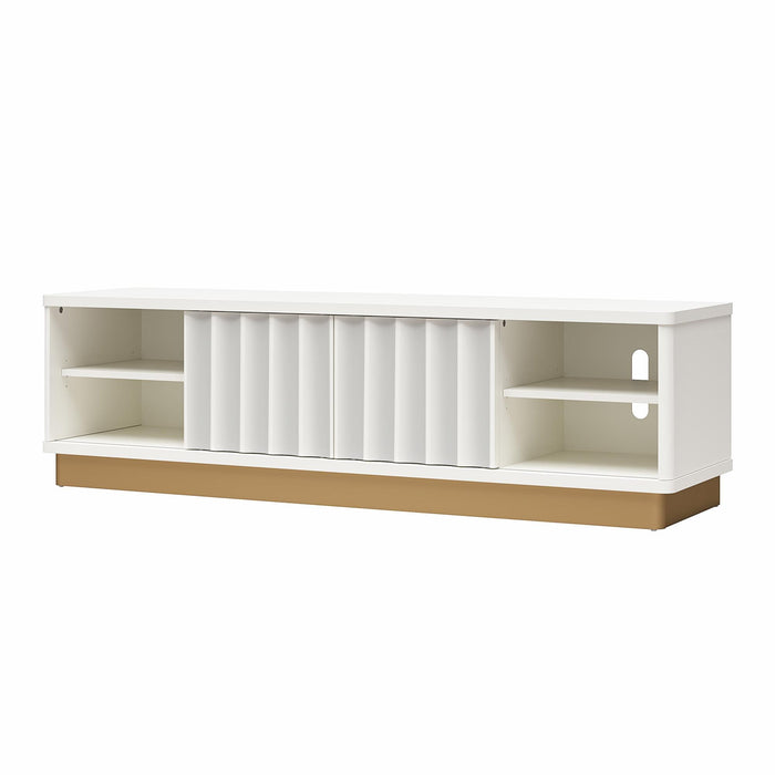 Giga Rene white scalloped TV stand for TVs up to 65 inches, featuring a modern design with curved edges and open shelving.
