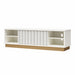 Giga Rene white scalloped TV stand for TVs up to 65 inches, featuring a modern design with curved edges and open shelving.