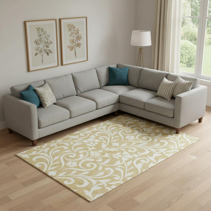 10' X 14' Floral Washable Area Rug With UV Protection (669606) - Gold / Ivory