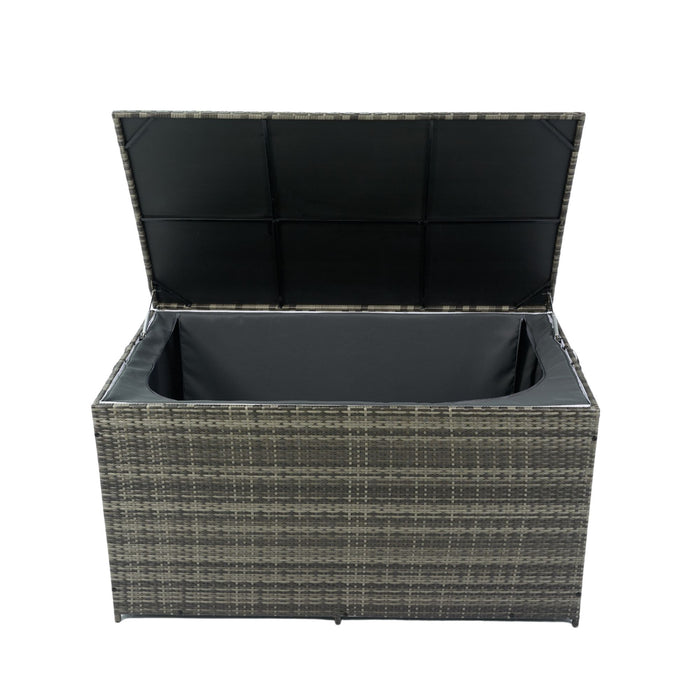 Giga outdoor wicker storage box with lid, ideal for patio cushions, kids' toys, towels, and outdoor accessories.