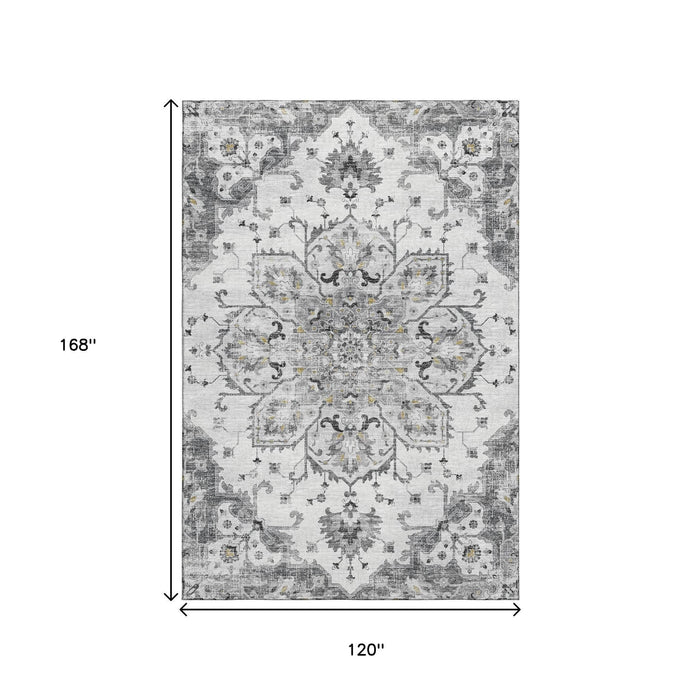 10' X 14' Floral Medallion Distressed Washable Area Rug With UV Protection (644532) - Light Gray / Ivory / Gold