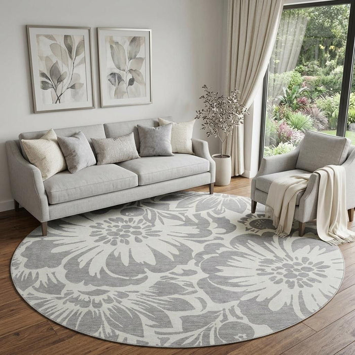 8' Floral Washable Round Rug With UV Protection (648649) - Gray / Ivory
