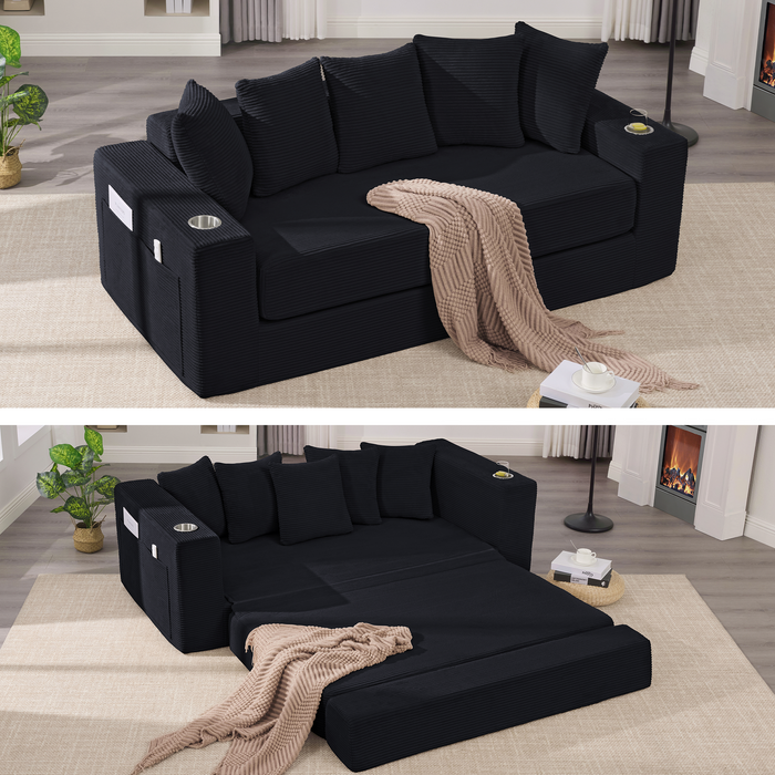 [NEW ARRIVED] [VIDEO PROVIDED] 2-in-1 Convertible Sleeper Couch,Modern sofa , Floor Folding Couch,Corduroy ,5 Pillows,Side Pocket, Cup Holders,Apartment, Home Office, No Assembly,3 Seat,Black
