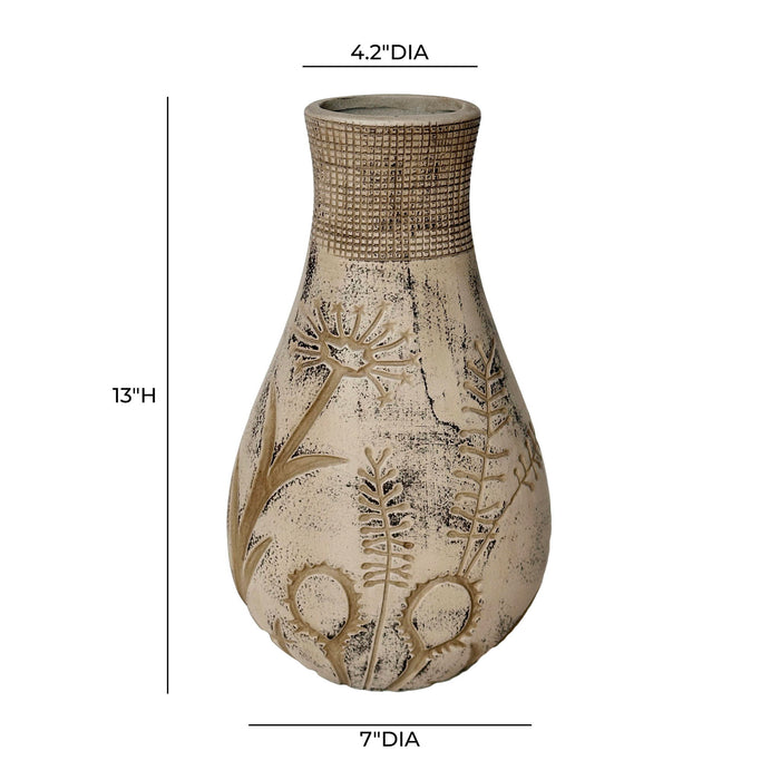 Gray earthenware vase with floral pattern, decorative vase from TOV Furniture, showcasing detailed floral design on smooth gray surface.