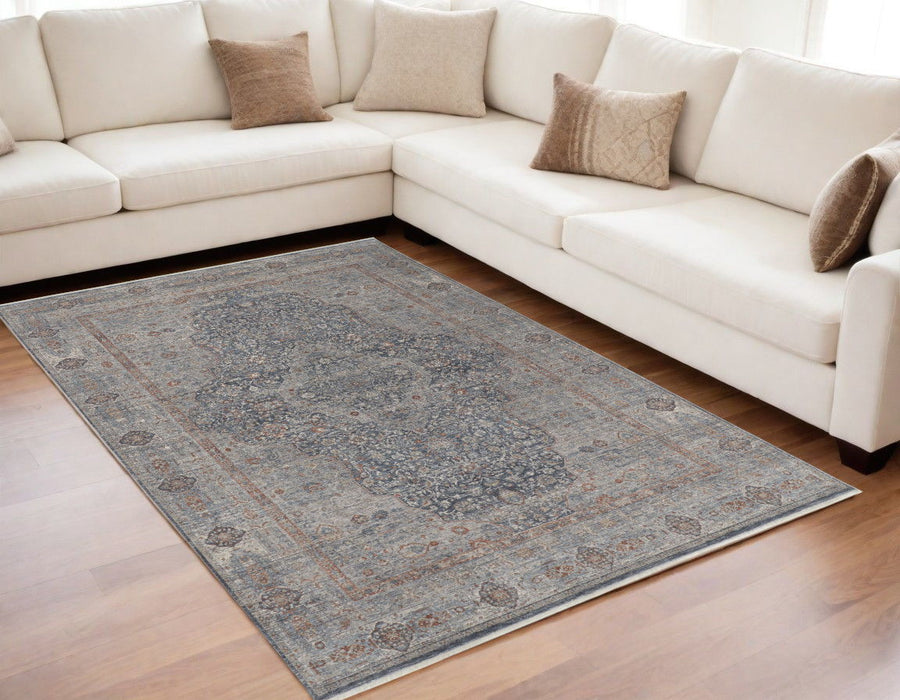 5' x 7' Oriental Power Loom Worn Faded Area Rug With Fringe - Gray Blue And Red