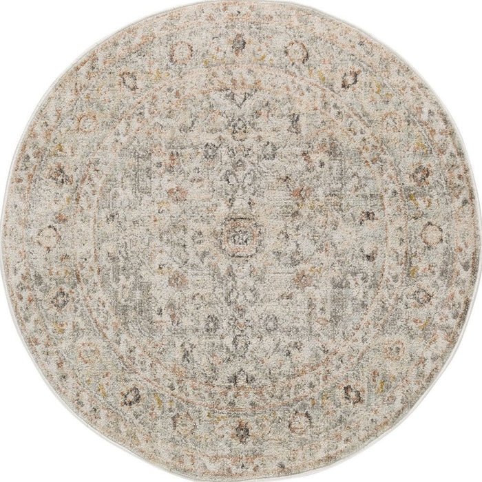 8' Floral Distressed Round Rug (573820) - Light Gray / Black / Yellow