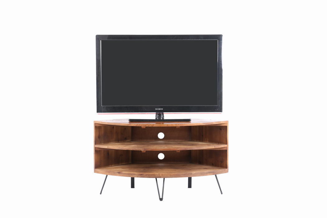 Giga fan-shaped reclaimed wood corner TV stand for living room with natural finish, space-saving media table with open shelf design.