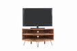 Giga fan-shaped reclaimed wood corner TV stand for living room with natural finish, space-saving media table with open shelf design.