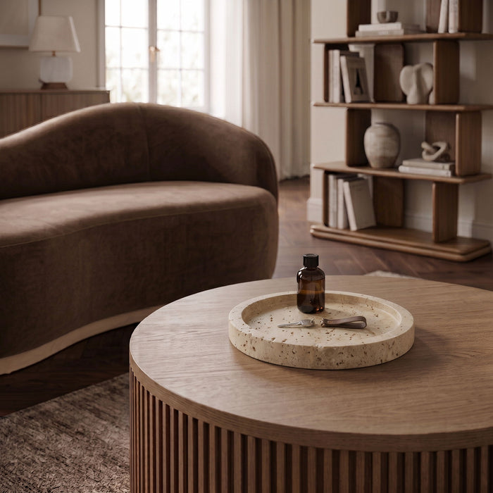 Dimitri Travertine Tray by Meridian Furniture, rectangular serving tray with natural travertine surface and wooden handles.