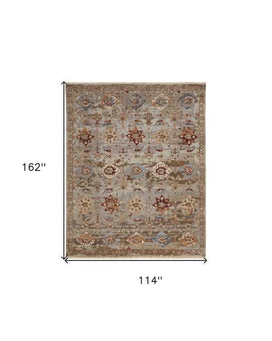 9' x 13' Wool Floral Hand Knotted Area Rug With Fringe - Tan Brown And Gray