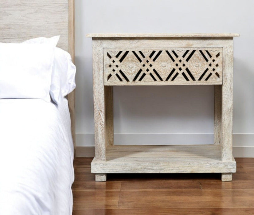 28" Solid Wood Distressed Carved Geometric One Drawer Nightstand - White