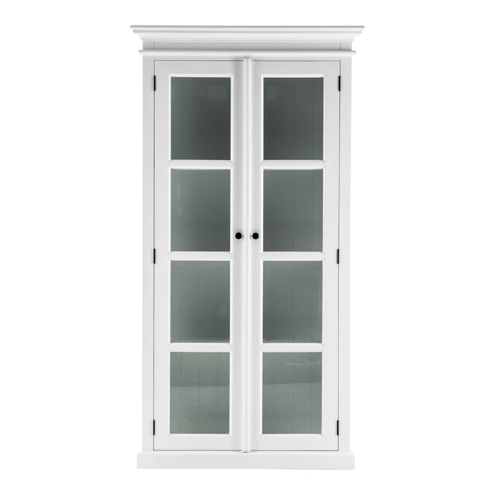 White wood and glass double door accent storage cabinet by HomeRoots with sleek design and interior shelving.