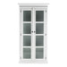 White wood and glass double door accent storage cabinet by HomeRoots with sleek design and interior shelving.