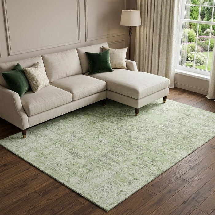 9' X 12' Floral Washable Area Rug With UV Protection (651177) - Green / Ivory