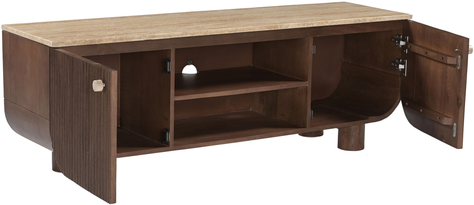 Mango wood media console by Meridian Furniture featuring modern TV stand with open shelves and storage compartments.