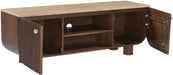 Mango wood media console by Meridian Furniture featuring modern TV stand with open shelves and storage compartments.