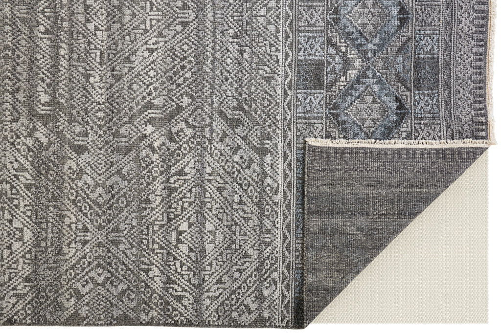6' x 9' Geometric Hand Knotted Area Rug - Gray Ivory And Blue