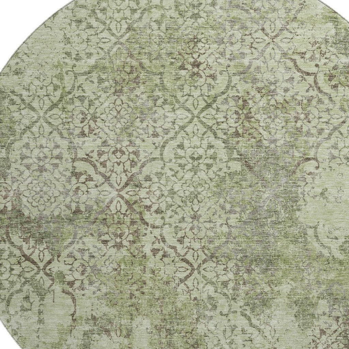 8' Abstract Washable Round Rug With UV Protection - Artichoke Green And Taupe