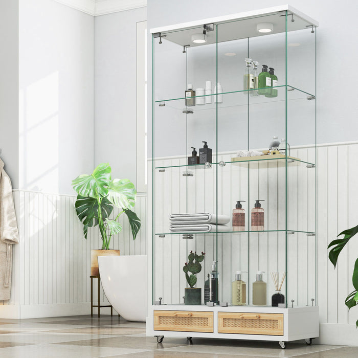 Giga glass display cabinet with LED lights, tempered glass doors, large drawers, and four shelves in natural/white finish.