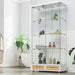 Giga glass display cabinet with LED lights, tempered glass doors, large drawers, and four shelves in natural/white finish.