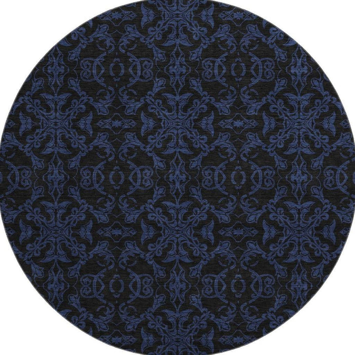 8' Medallion Washable Round Rug With UV Protection - Blue / Charcoal