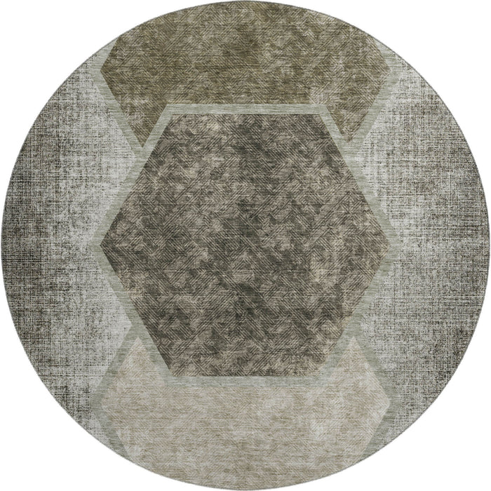 8' Geometric Washable Round Rug With UV Protection (655899) - Taupe / Brown
