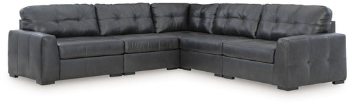 Signature Design by Ashley Brindley Pier 5-Piece Sectional in fog fabric, showcasing plush cushions and modern stationary sectional design.