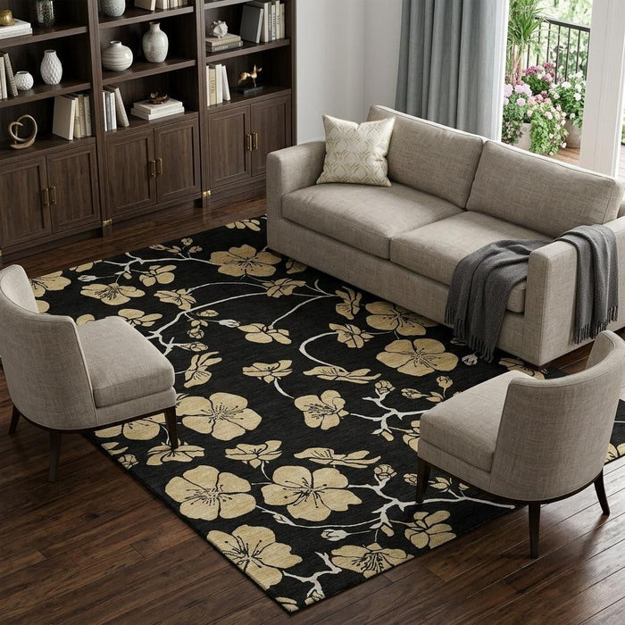 10' X 14' Floral Washable Area Rug With UV Protection (681149) - Black / Wheat